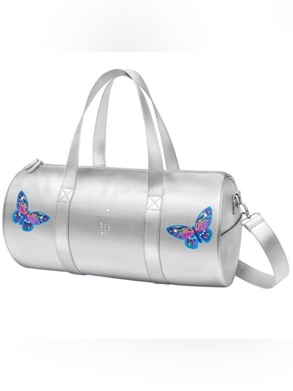 Swarovski Crystal Silver Duffle Bag featuring blue butterfly